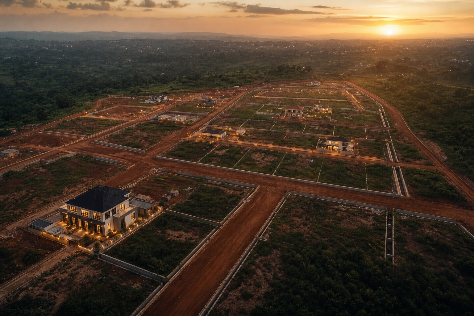 Aerial view of the Baay Foreshore estate roads and plots at dusk